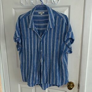 JACHS Girlfriend Blue and White Vertical Stripe Short-Sleeve Button-Up